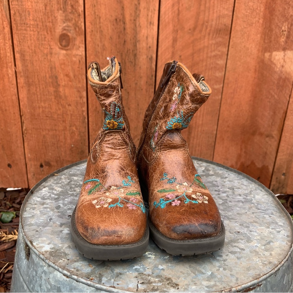 Brown Embroidered Distressed Leather Boots
